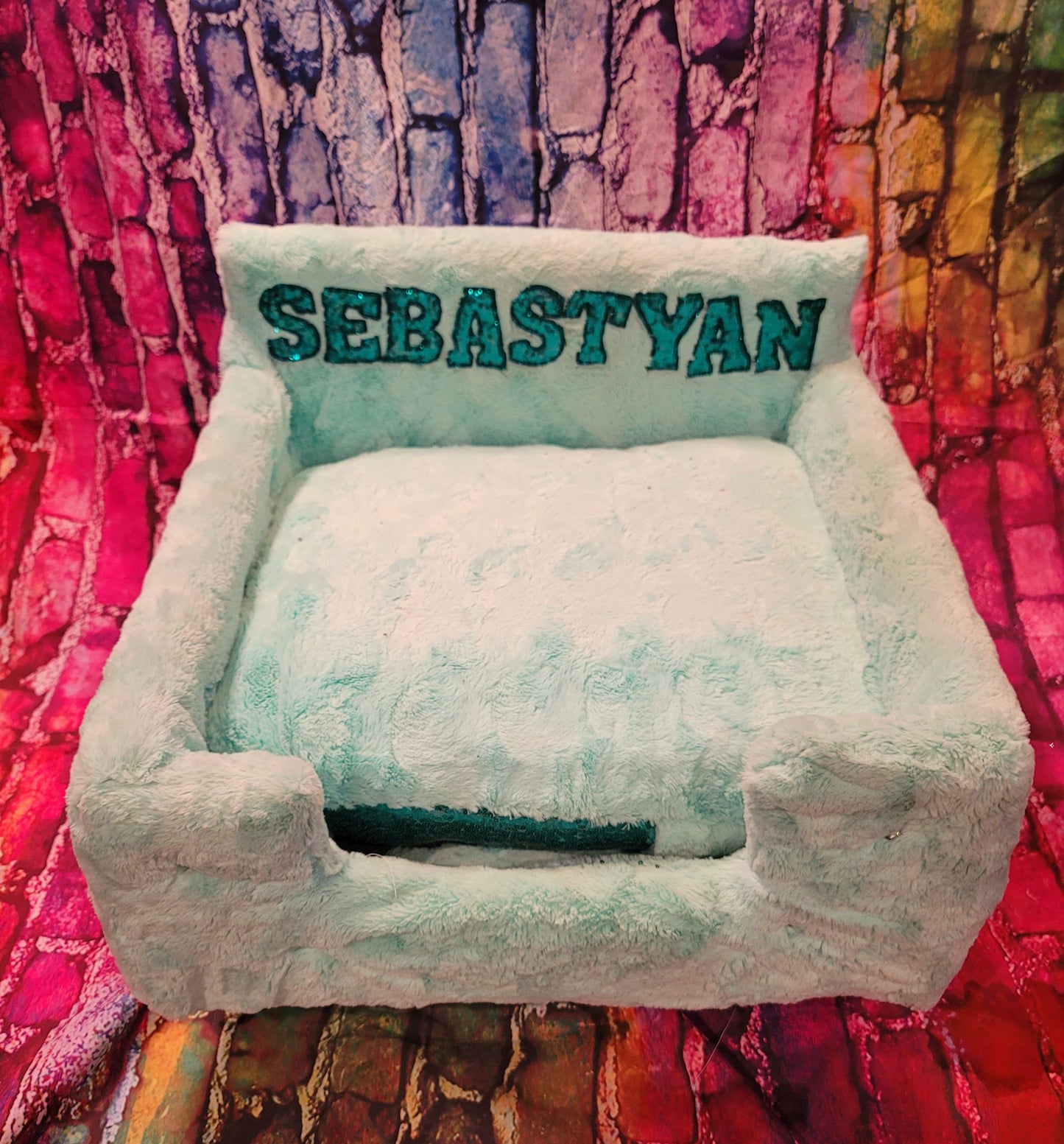 Luxury pet bed, personalized sequin pet bed, personalized pet furniture, acrylic pet bed, pet bed with legs, dog luxury bed