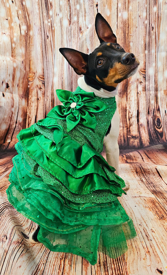 Green Christmas pet dress, green 80s prom pet dress, green dog dress, Christmas dog dress, Christmas cat dress, special occasion pet dress