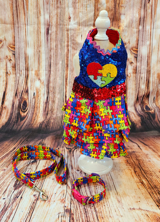 Pet Autism awareness pet dress, leash collar combo, Autism dog leash, Collar, dress combo, autism pet set, autism dog set, autism cat set