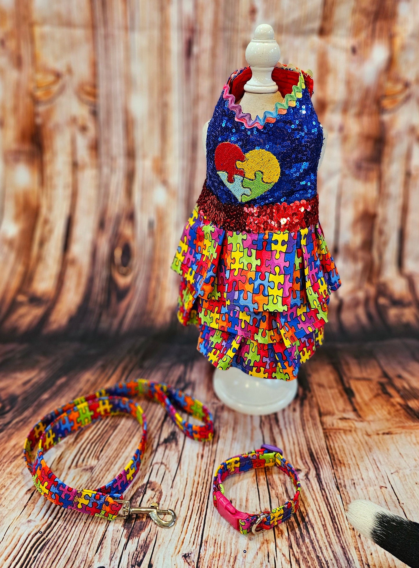 Pet Autism awareness pet dress, leash collar combo, Autism dog leash, Collar, dress combo, autism pet set, autism dog set, autism cat set