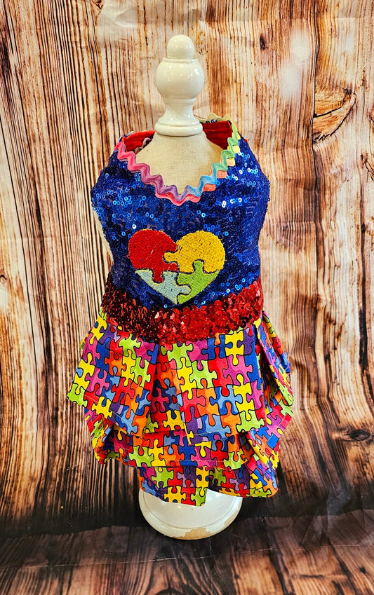 Pet Autism awareness pet dress, autism awareness dog dress, Embroidered pet dress, autism sequin pet dress, autism pet dress, autism dog dress