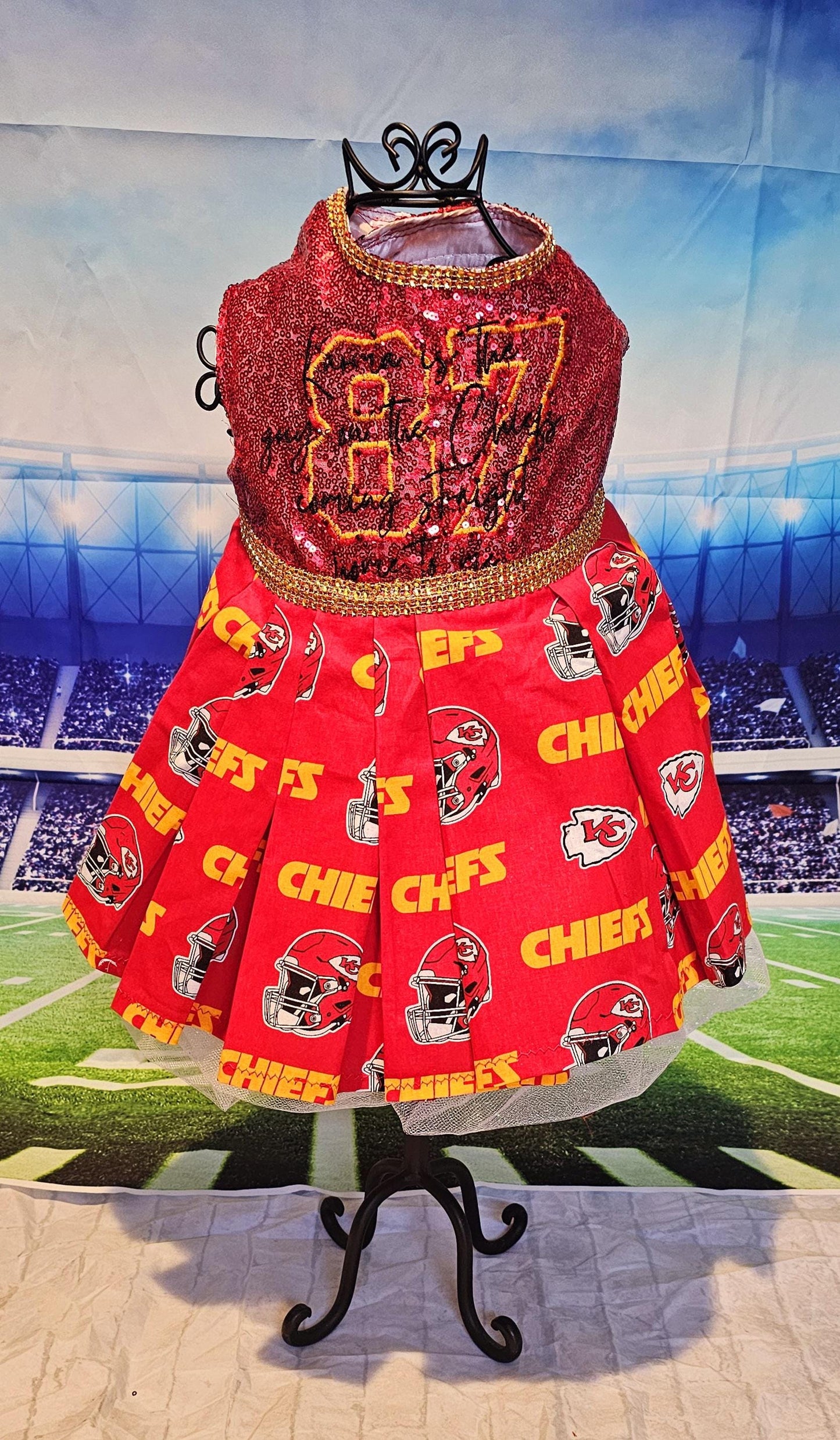 Kansas City Chiefs pet dress, karma is the guy on the chiefs pet dress, chiefs sequin pet dress, chiefs dog dress, 87 kelce pet dress