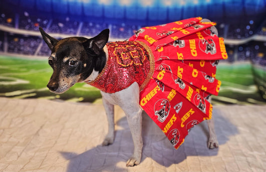 Kansas City Chiefs pet dress, karma is the guy on the chiefs pet dress, chiefs sequin pet dress, chiefs dog dress, 87 kelce pet dress