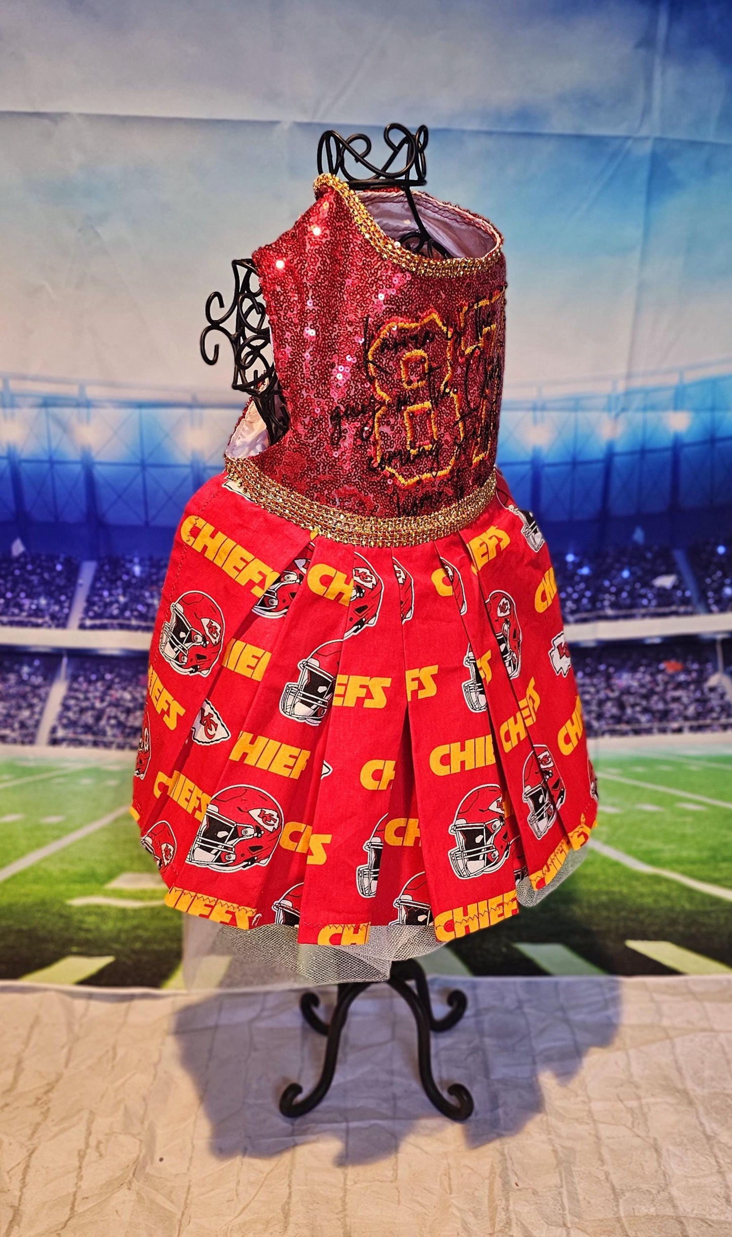 Kansas City Chiefs pet dress, karma is the guy on the chiefs pet dress, chiefs sequin pet dress, chiefs dog dress, 87 kelce pet dress