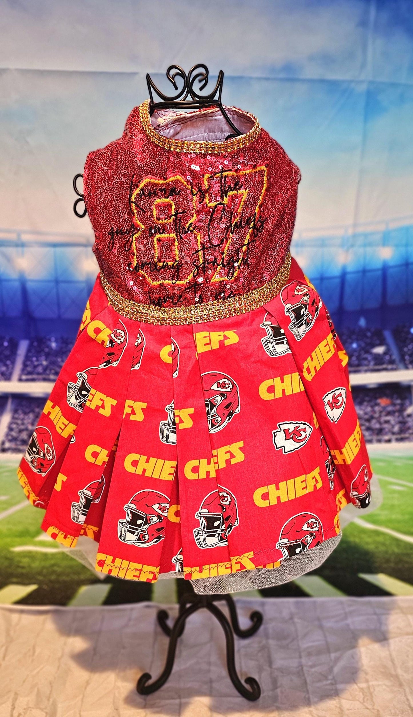 Kansas City Chiefs pet dress, karma is the guy on the chiefs pet dress, chiefs sequin pet dress, chiefs dog dress, 87 kelce pet dress