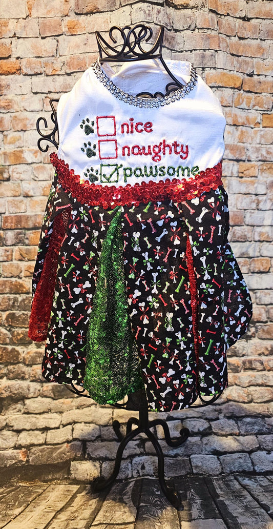 Embroidered Christmas sequin pet dress, naughty or nice pet dress, holiday pet dress, Christmas dog dress, embroidered dog dress, sequin pet dress