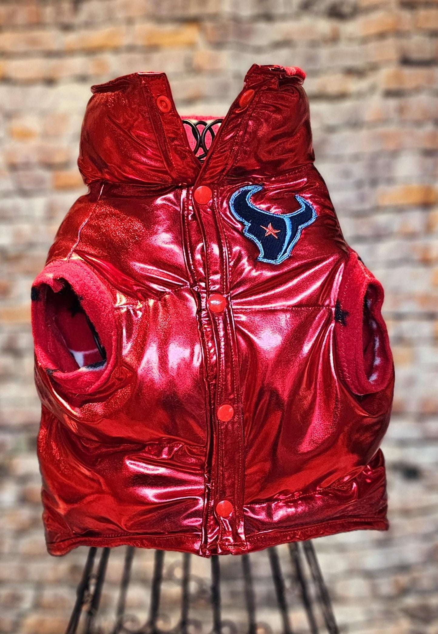 Houston Texans pet puffer jacket, puffer dog jacket, metallic pet jacket, Houston texan dog jacket, pet puffer jacket, Texans Pet clothes