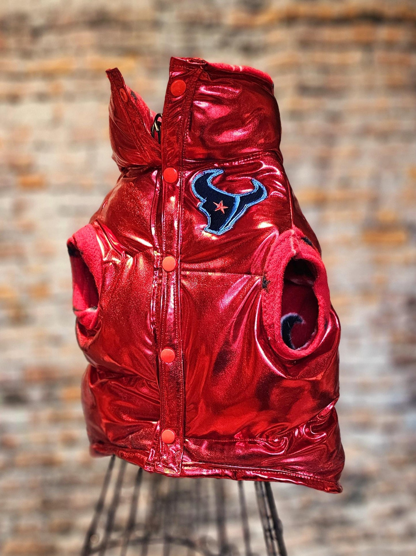 Houston Texans pet puffer jacket, puffer dog jacket, metallic pet jacket, Houston texan dog jacket, pet puffer jacket, Texans Pet clothes