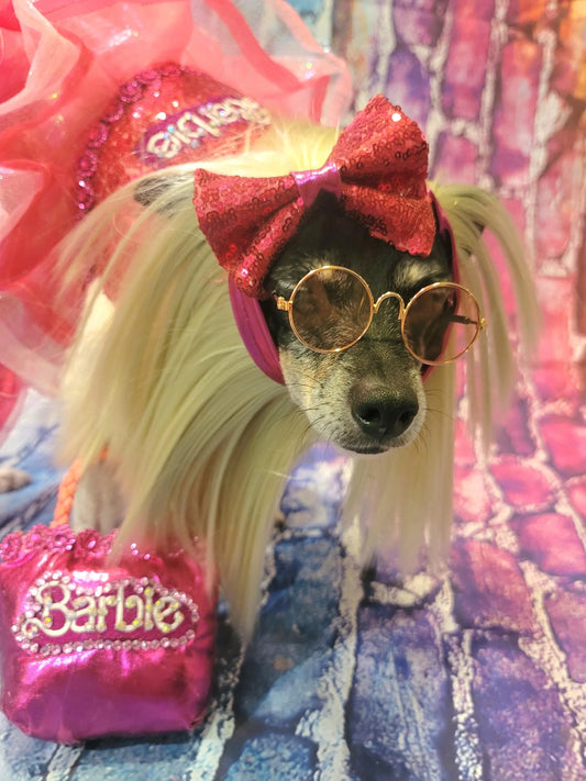 - Pink doll pet costume, Barbie sequin pink pet costume, dog barbie pink pet costume, wig pet costume, replica Barbie pet costume