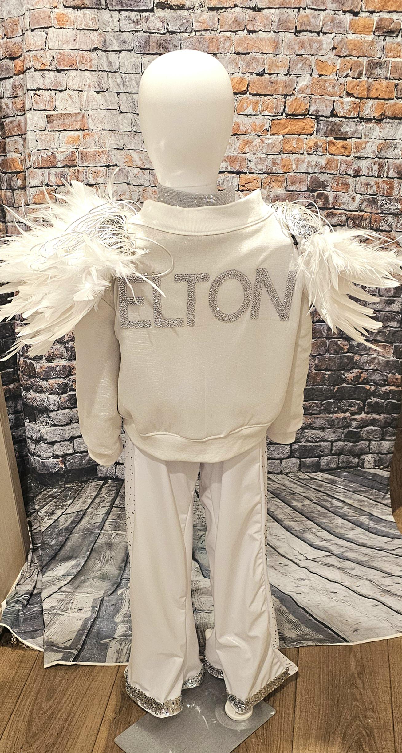 - Kid Elton John replica birds of a feather white kid costume, Elton John dance kid dance costume, Elton John replica circa 1973 kid costume