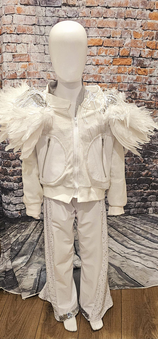 - Kid Elton John replica birds of a feather white kid costume, Elton John dance kid dance costume, Elton John replica circa 1973 kid costume
