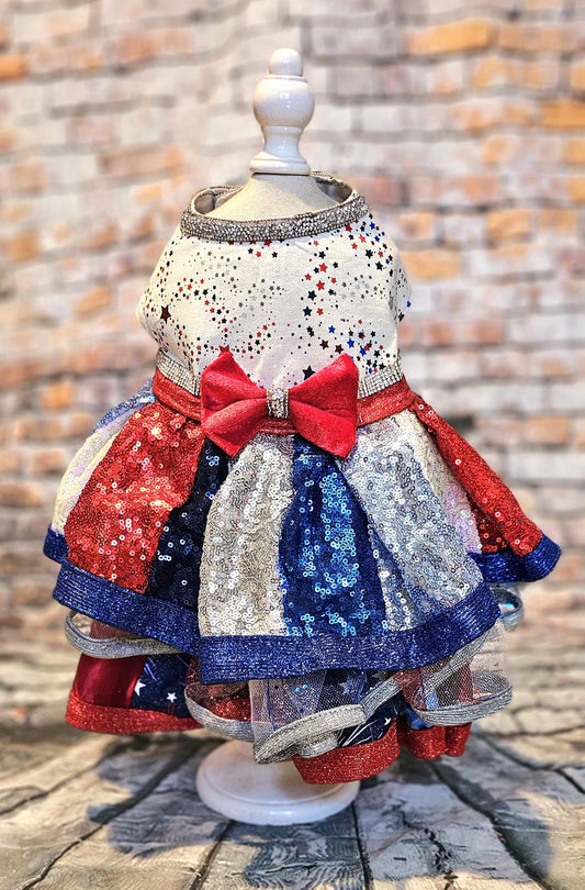 July 4th sequin pet costume, 4th of July pet dress, sequin patriotic pet dress, 4th of july dog dress, 4th of july dog costume, July 4th pet dress