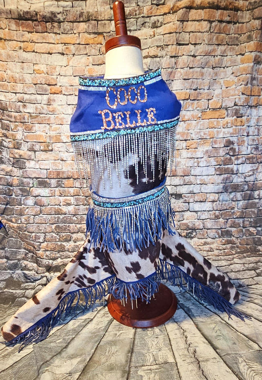 - A Western pet costume, chaps for pets, vest and chaps pet costume