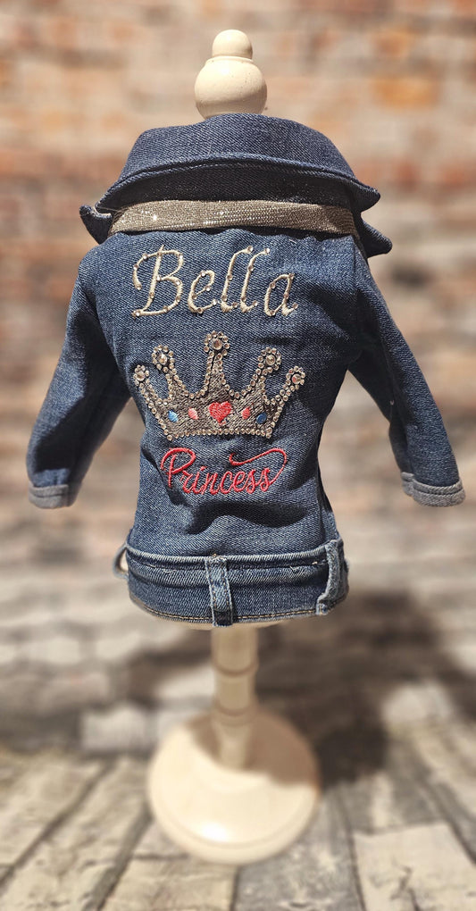 Personalized blue jean pet jacket, blue jean dog jacket, rhinestone Princess Pet Jacket, bedazzled pet jacket, blue jean dog jacket, blue jean cat