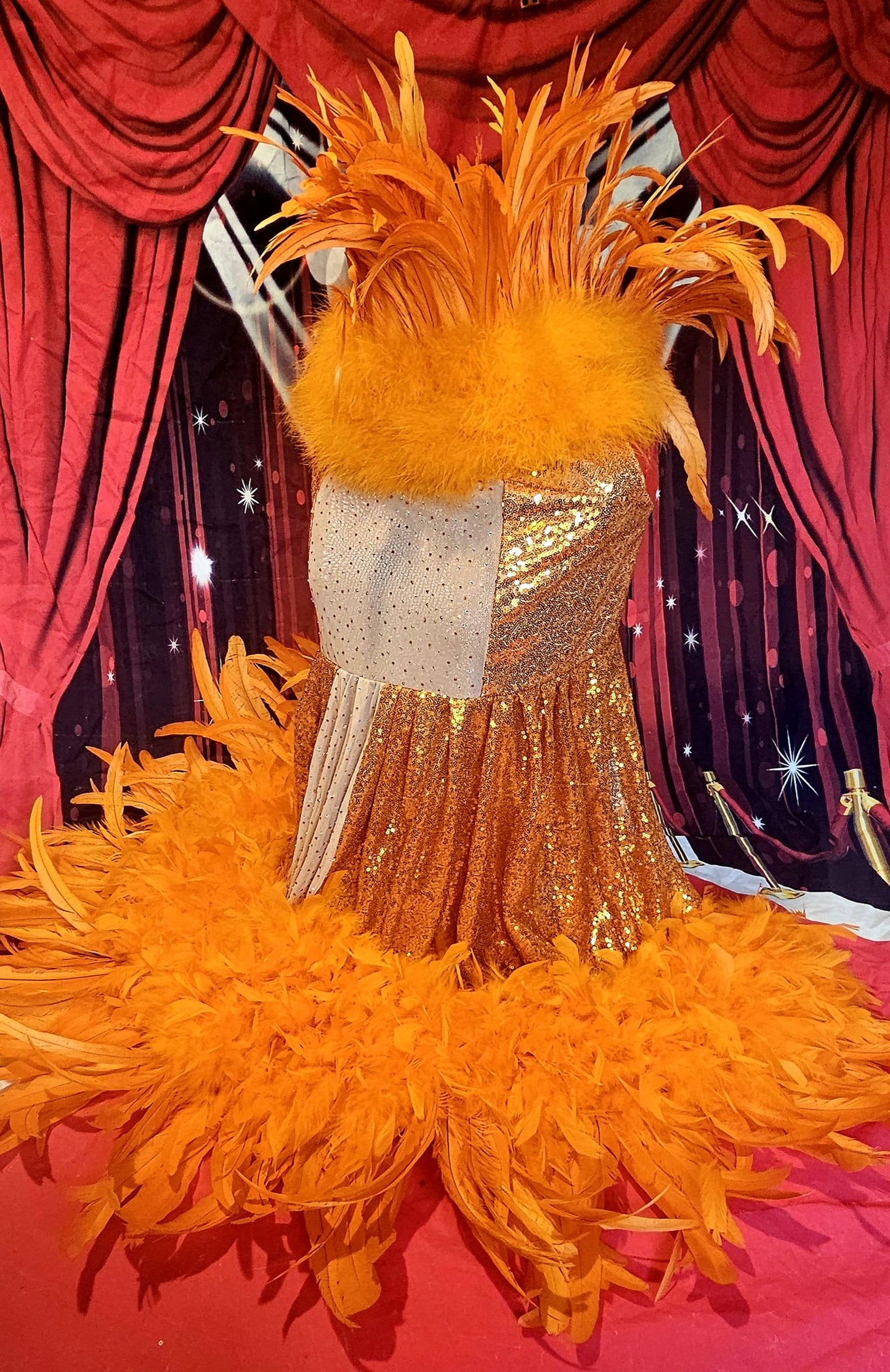 - Kendall Jenner Pet Costume, Mutt gala pet costume, orange feather pet dress, orange feather dog dress, mutt gala dog dress, red carpet pet