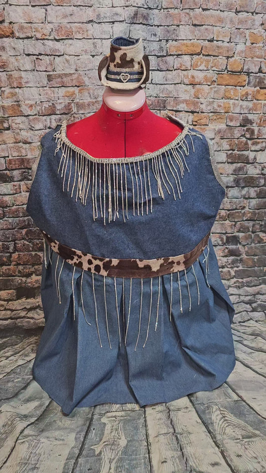 Blue Jean bling western pet dress, rhinestone cowgirl pet costume, cow print blue jean dog dress