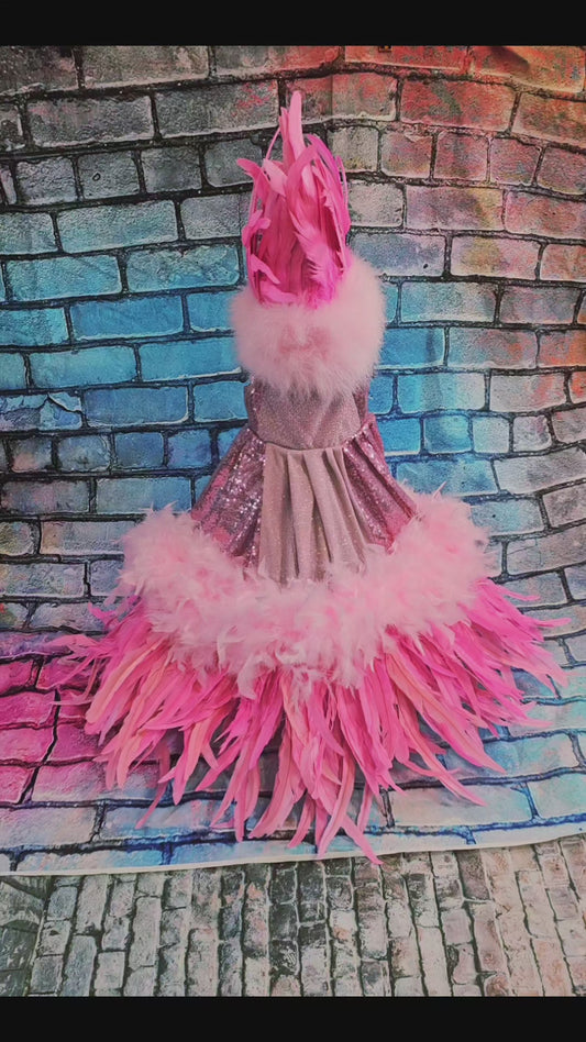Couture feather sequin pet dress, Gala Pet Costume, Pink feather pet dress